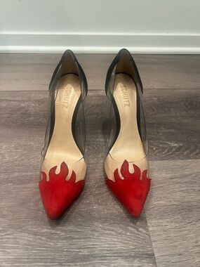 SCHUTZ Red Flame Pointed-Toe Pumps with Clear Panels